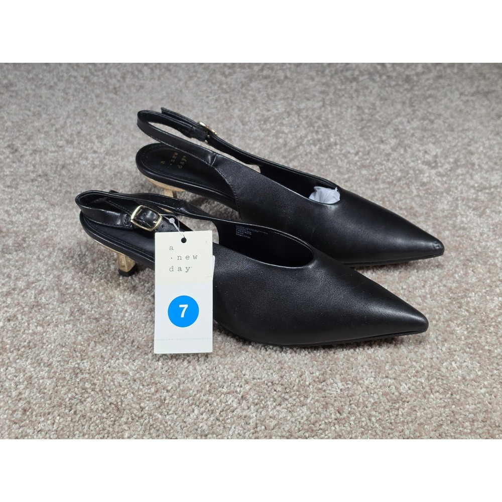 A New Day Samantha Black Slingback Pointed Toe Kitten Heels Gold Detail Womens 7 - Picture 1 of 6
